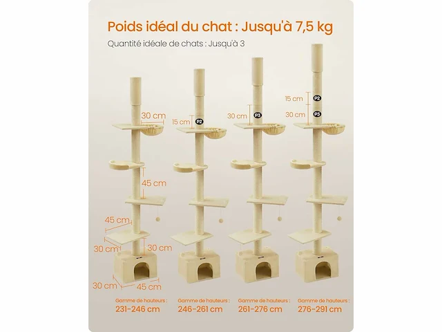 Vloer-tot-plafond krabpaal, hoogte verstelbaar 231-291 cm - afbeelding 5 van  6