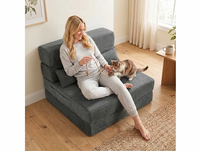 Vloerfauteuil met rugleuning, ribfluwelen cloud opvouwbare slaapbank zonder frame met dikke bekleding, donkergrijs - afbeelding 4 van  5