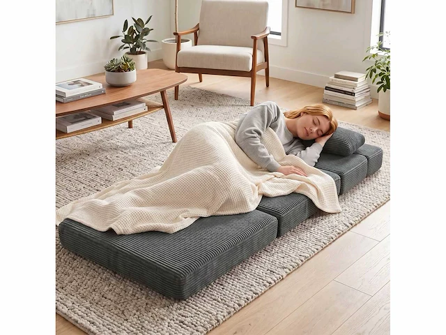 Vloerfauteuil met rugleuning, ribfluwelen cloud opvouwbare slaapbank zonder frame met dikke bekleding, donkergrijs - afbeelding 5 van  5