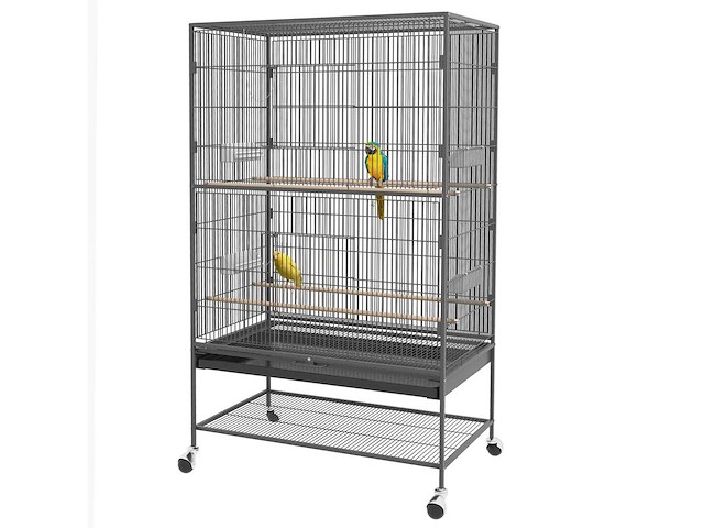 Vogelkooi met zitstokken, vogelspeelgoed, uitneembare lade, 1 plank, grijs - afbeelding 2 van  5