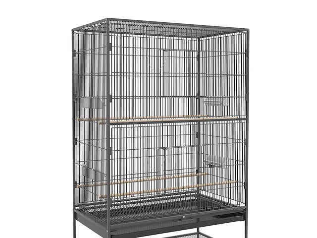Vogelkooi met zitstokken, vogelspeelgoed, uitneembare lade, 1 plank, grijs - afbeelding 4 van  5