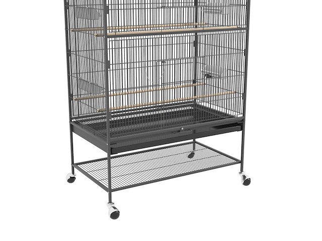 Vogelkooi met zitstokken, vogelspeelgoed, uitneembare lade, 1 plank, grijs - afbeelding 5 van  5