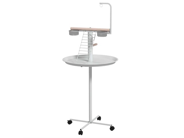 Vogelvoeder op standaard met 4 baarswielen, 2 afneembare kommen, een ronde bak, roestvrijstalen ø 60 x 138 cm wit - afbeelding 1 van  2