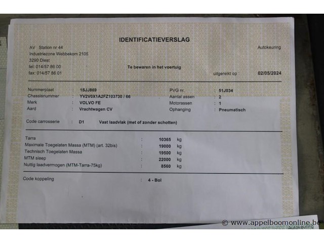Volvo fe, eerste inschrijving 2015-09-25, 208.882 km, manueel, 2 assen, mtm 19.000 kg, tarragewicht 10.365 kg, laadvermogen 8.560 kg, open laadbak met kraan, chassisnummer yv2v0x1a2fz103730, keuring geldig tot 2026-05-26 - afbeelding 10 van  21