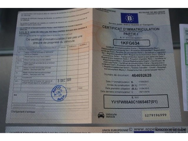 Volvo v60, yv1fw88a0c1065467, 1e insch 11/04/2012, 256783km, 120kw, 1984cm³, diesel, automaat, break/stationwagen, euro 5, mtm 2200kg, tarra 1731kg, 2 sleutels, keuring tot 26/11/2023, inschrijvingsbewijs deel i en ii en gelijkvormigheidsattest - afbeelding 9 van  22