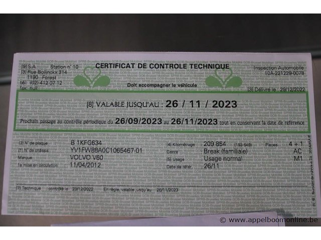 Volvo v60, yv1fw88a0c1065467, 1e insch 11/04/2012, 256783km, 120kw, 1984cm³, diesel, automaat, break/stationwagen, euro 5, mtm 2200kg, tarra 1731kg, 2 sleutels, keuring tot 26/11/2023, inschrijvingsbewijs deel i en ii en gelijkvormigheidsattest - afbeelding 14 van  22