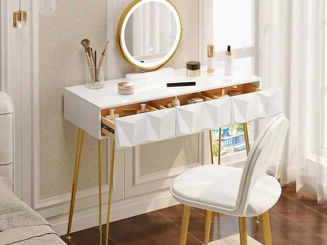 Voorgemonteerde kaptafel - met fluwelen stoel - make-uptafel - verstelbare led-spiegel - wit+goud - afbeelding 1 van  8
