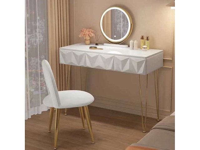 Voorgemonteerde kaptafel - met fluwelen stoel - make-uptafel - verstelbare led-spiegel - wit+goud - afbeelding 3 van  8