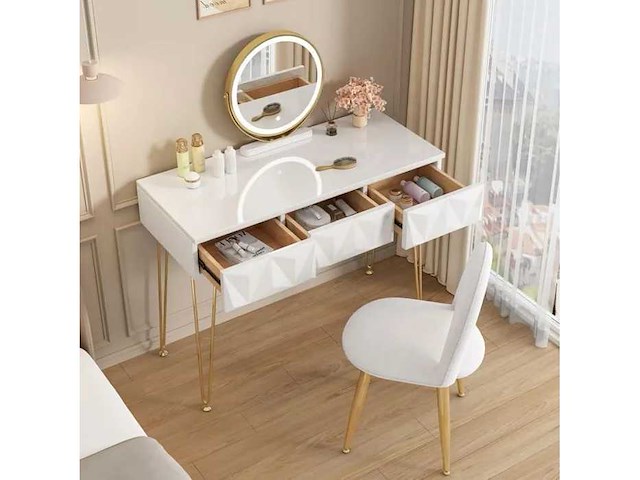 Voorgemonteerde kaptafel - met fluwelen stoel - make-uptafel - verstelbare led-spiegel - wit+goud - afbeelding 4 van  8