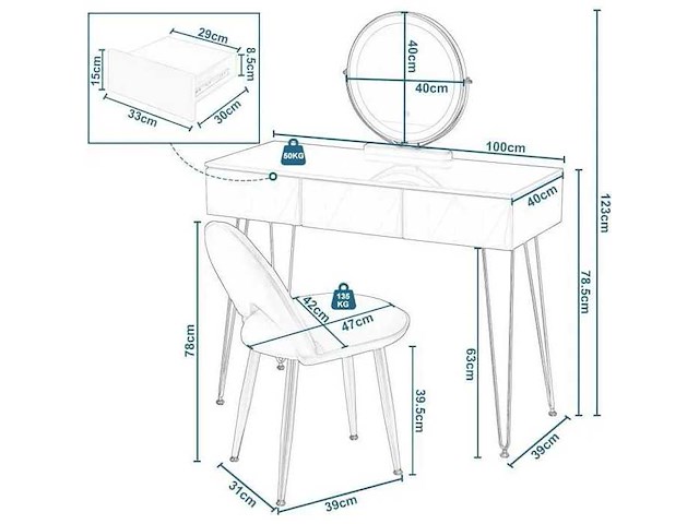 Voorgemonteerde kaptafel - met fluwelen stoel - make-uptafel - verstelbare led-spiegel - wit+goud - afbeelding 5 van  8