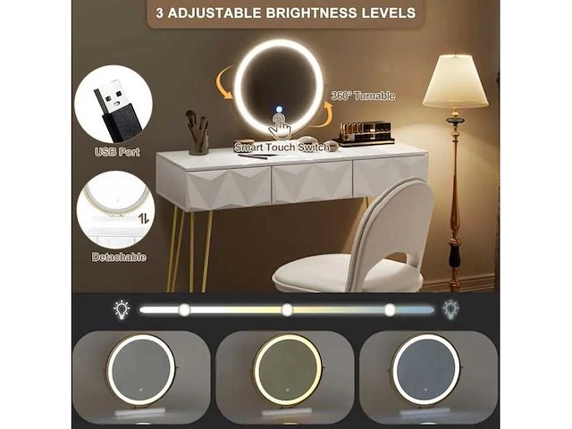 Voorgemonteerde kaptafel - met fluwelen stoel - make-uptafel - verstelbare led-spiegel - wit+goud - afbeelding 6 van  8