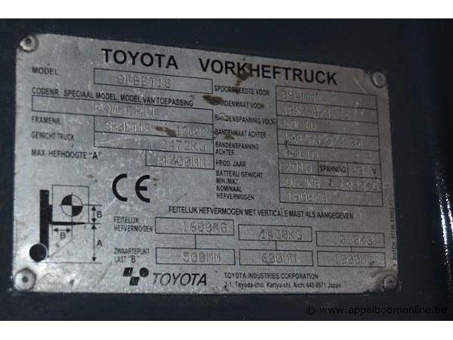 Vorkheftruck, toyota, 8fbe18, 48v, 1800kg, bj 2015, 11274.8h, met lader, werking niet gekend - afbeelding 8 van  10
