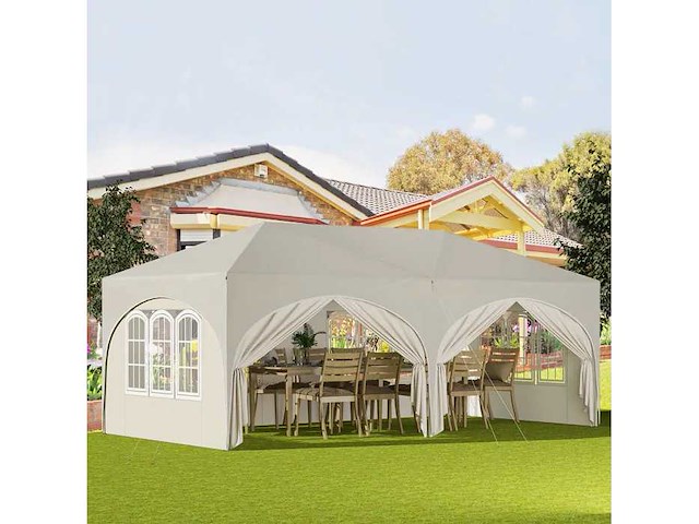 Vouwbaar prieel 3 x 6 m met zijwanden en raam, beige - afbeelding 1 van  5
