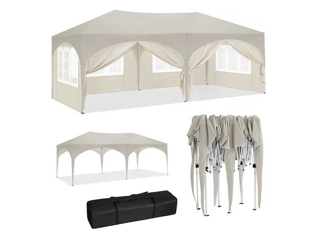 Vouwbaar prieel 3 x 6 m met zijwanden en raam, beige - afbeelding 2 van  5