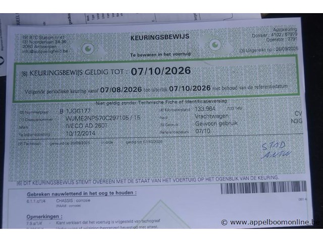 Vrachtwagen iveco, ad 260t, wjme2nps70c297105, 1e insch 10/12/2014, 8710cm³, 265kw, diesel, euro vi, 133964km vlgs ltst keuring (2025), inschrijvingsbewijs deel i en ii, keuringsbewijs (geldig tot 07/10/2026), gelijkvormigheidsattest, identificatieverslag - afbeelding 5 van  18