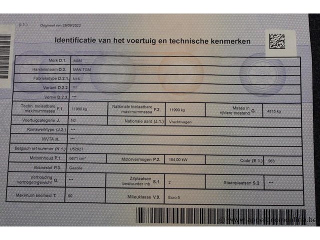 Vrachtwagen man, tgm, wman16zz5by261798, 1e insch 06/04/2011, 6871cm³, 184kw, diesel, euro 5, 546089km, kentekenbewijs deel i + ii, keuring geldig tot 04/10/2025, identificatieverslag - afbeelding 5 van  16