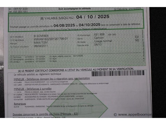 Vrachtwagen man, tgm, wman16zz5by261798, 1e insch 06/04/2011, 6871cm³, 184kw, diesel, euro 5, 546089km, kentekenbewijs deel i + ii, keuring geldig tot 04/10/2025, identificatieverslag - afbeelding 6 van  16
