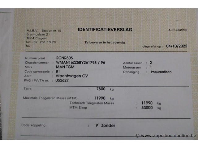 Vrachtwagen man, tgm, wman16zz5by261798, 1e insch 06/04/2011, 6871cm³, 184kw, diesel, euro 5, 546089km, kentekenbewijs deel i + ii, keuring geldig tot 04/10/2025, identificatieverslag - afbeelding 7 van  16