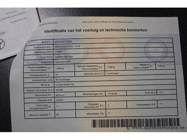 Vrachtwagen mercedes, atego, wdb9702581l785086, 1e insch 26/08/2013, 6374cm³, 175kw, diesel, 507832km, keuring geldig tot 06/03/2026, kentekenbewijs deel i, identificatieverslag, gelijkvormigheidsattest - afbeelding 6 van  21