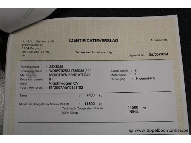 Vrachtwagen mercedes, atego, wdb9702581l785086, 1e insch 26/08/2013, 6374cm³, 175kw, diesel, 507832km, keuring geldig tot 06/03/2026, kentekenbewijs deel i, identificatieverslag, gelijkvormigheidsattest - afbeelding 10 van  21