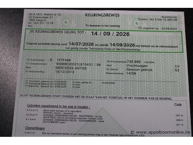 Vrachtwagen mercedes-benz, antos, wdb9630031l815431, 1e insch 18/12/2013, 10677cm³, 240kw, diesel, euro vi, 741 867km, kentekenbewijs deel i + ii, gelijkvormigheidsattest, keuring geldig tot 14/09/26, identificatieverslag - afbeelding 8 van  19