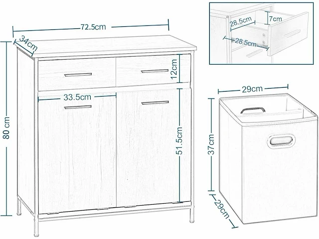 Vrijstaand badkamerkast 72,5x80x34cm, 2 lades en 2 manden - afbeelding 3 van  9
