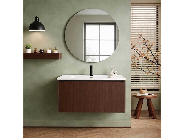Walnoot badkamer meubel set 80cm incl kraan en spiegel - afbeelding 1 van  2