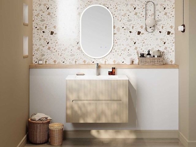 Wandhangende badkamerkast met ingebouwde wastafel - beige streep - 80 cm - afbeelding 1 van  2