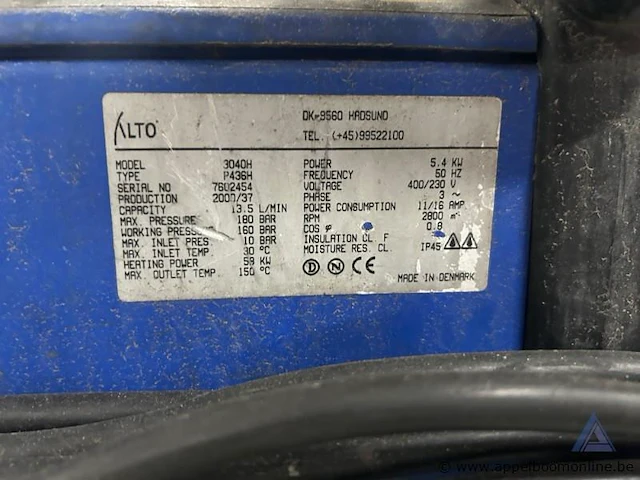 Warmwater hogedrukreiniger alto 3040h, bouwjaar 2000, met serienummer 7602454. voorzien van een motorvermogen van 5,4 kw, een verwarmingsvermogen van 59 kw en een maximale druk van 180 bar. - afbeelding 2 van  2