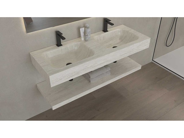 Waskom, dubbele + plank travertine 120 cm - afbeelding 1 van  3