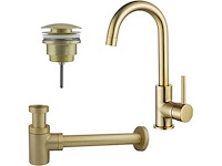 Wastafelkraanset - hoge wastafelkraan - draaibare uitloop - klikwaste plug - verlaagde design sifon - geborsteld messing pvd (goud)