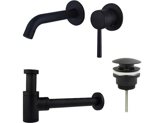 Wastafelkraanset - inbouw wastafelkraan - klikwaste plug - verlaagde design sifon - mat zwart - afbeelding 1 van  1