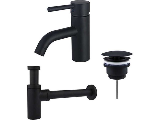 Wastafelkraanset - lage wastafelkraan - always open plug - design sifon - mat zwart - afbeelding 1 van  1