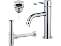 Wastafelkraanset - lage wastafelkraan - klikwaste plug - design sifon - chroom