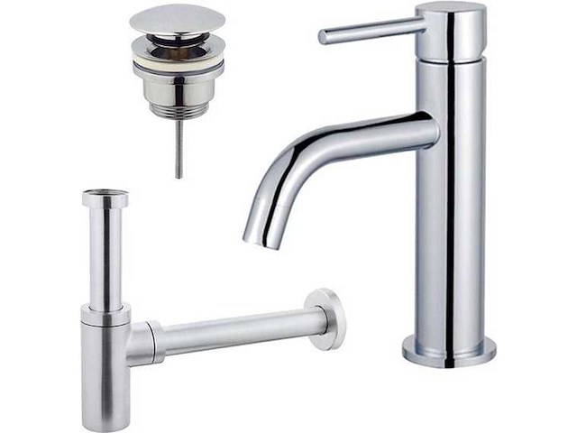 Wastafelkraanset - lage wastafelkraan - klikwaste plug - design sifon - chroom - afbeelding 1 van  1