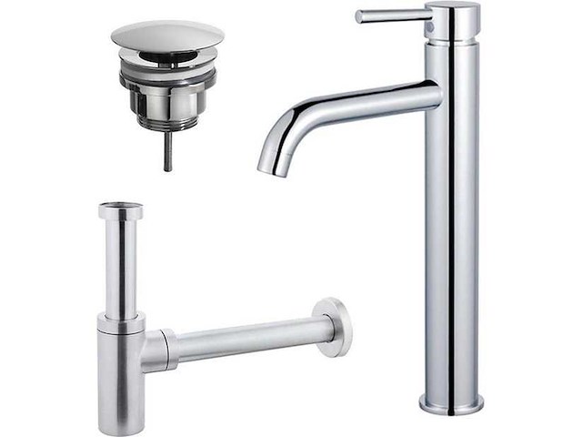 Wastafelkraanset - verhoogde wastafelkraan - always open plug - design sifon - chroom - afbeelding 1 van  1