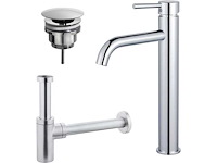 Wastafelkraanset - verhoogde wastafelkraan - always open plug - design sifon - chroom - afbeelding 1 van  1