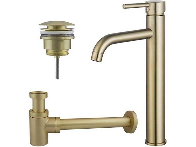 Wastafelkraanset - verhoogde wastafelkraan - klikwaste plug - verlaagde design sifon - geborsteld messing pvd (goud) - afbeelding 1 van  1