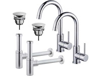 Wastafelkraanset - voor dubbele wastafel - hoge wastafelkraan - draaibare uitloop - always open plug - design sifon - chroom