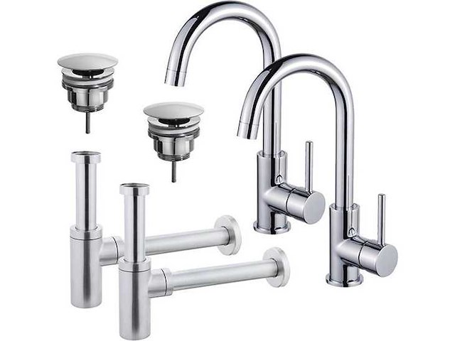 Wastafelkraanset - voor dubbele wastafel - hoge wastafelkraan - draaibare uitloop - always open plug - design sifon - chroom - afbeelding 1 van  1