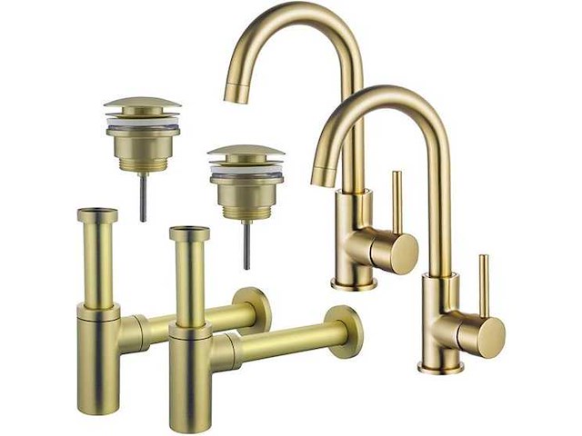 Wastafelkraanset - voor dubbele wastafel - hoge wastafelkraan - draaibare uitloop - klikwaste plug - design sifon - geborsteld messing pvd (goud) - afbeelding 1 van  1