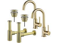 Wastafelkraanset - voor dubbele wastafel - hoge wastafelkraan - draaibare uitloop - klikwaste plug - design sifon - geborsteld messing pvd (goud) - afbeelding 1 van  1