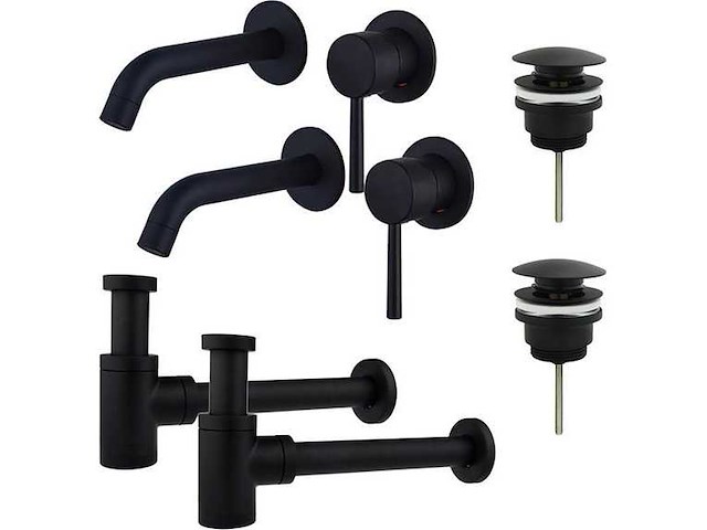 Wastafelkraanset - voor dubbele wastafel - inbouw wastafelkraan - klikwaste plug - verlaagde design sifon - mat zwart - afbeelding 1 van  1