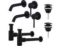 Wastafelkraanset - voor dubbele wastafel - inbouw wastafelkraan - klikwaste plug - verlaagde design sifon - mat zwart - afbeelding 1 van  1