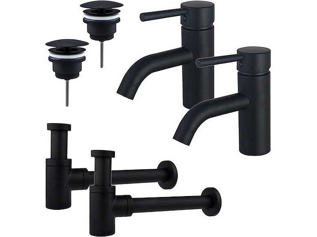 Wastafelkraanset - voor dubbele wastafel - lage wastafelkraan - always open plug - verlaagde design sifon - mat zwart - afbeelding 1 van  1