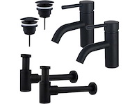 Wastafelkraanset - voor dubbele wastafel - lage wastafelkraan - always open plug - verlaagde design sifon - mat zwart - afbeelding 1 van  1