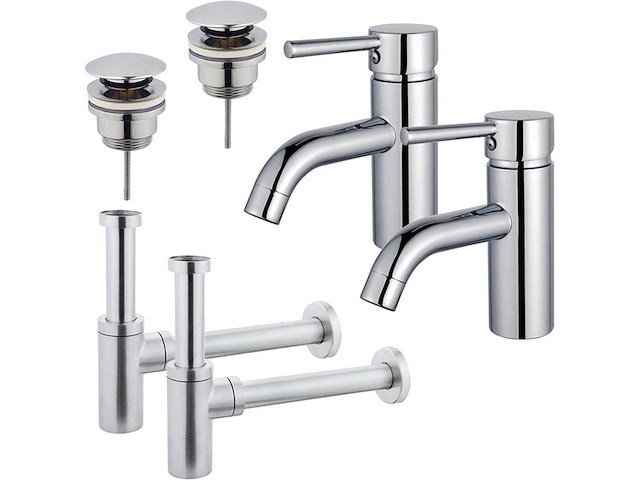 Wastafelkraanset - voor dubbele wastafel - lage wastafelkraan - klikwaste plug - design sifon - chroom - afbeelding 1 van  1