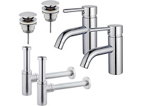 Wastafelkraanset - voor dubbele wastafel - lage wastafelkraan - klikwaste plug - design sifon - chroom - afbeelding 1 van  1