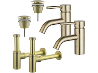 Wastafelkraanset - voor dubbele wastafel - lage wastafelkraan - klikwaste plug - design sifon - geborsteld messing pvd (goud) - afbeelding 1 van  1