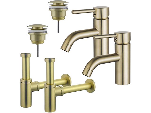 Wastafelkraanset - voor dubbele wastafel - lage wastafelkraan - klikwaste plug - design sifon - geborsteld messing pvd (goud) - afbeelding 1 van  1